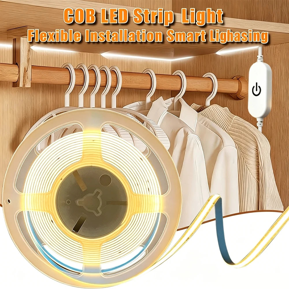 COB LED Strip Light 1-5M USB Power Touch Switch Dimmable Flexible Lighting Ribbon Tape for Bedroom Wardrobe DIY Decoration Light Vue