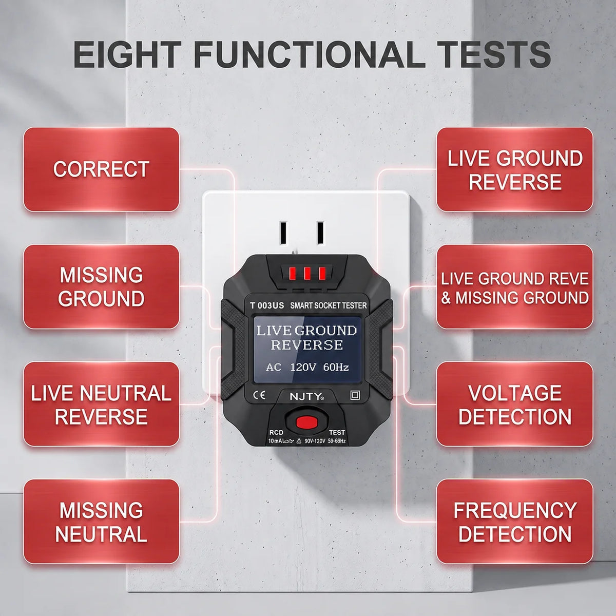 NJTY T003 US Plug Digital LCD Socket Outlet Voltage Tester Wiring Fault Detector RCD Test Polarity Ground Neutral Check 90V-250V Vue