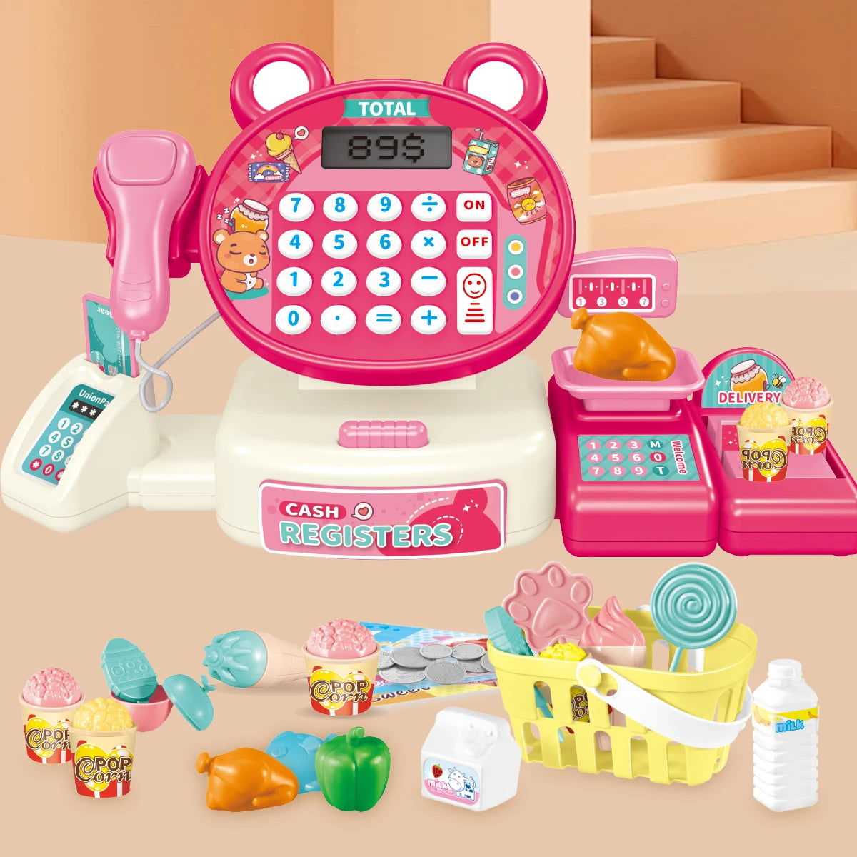 Electiric Supermarket Cash Register Toys, Children Play House Toys Shopping Cartoon Frog Animal Gifts for Kids Vue