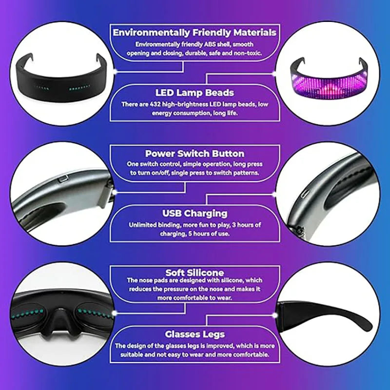 LED Glasses Bluetooth Application Programmable Display Screen RGB Light, Suitable for Gatherings, Parties, Christmas Holidays Vue