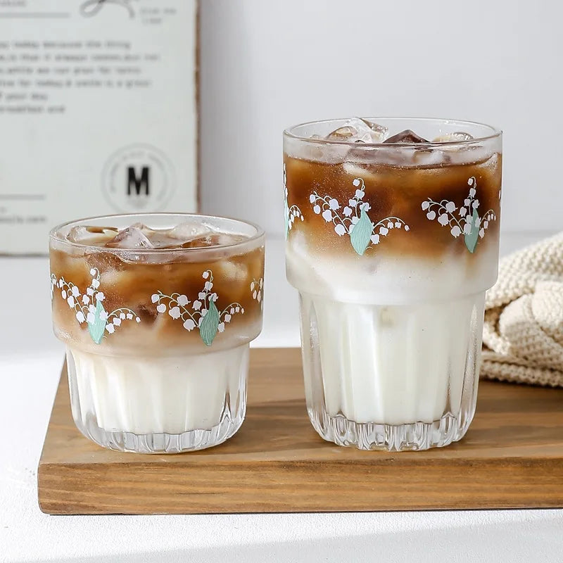 Korean Flower Glass Mug Gold Letter Printing Breakfast Milk Coffee Cup Crystal Transparent Heat-resistant Cup Home Drinkware Vue