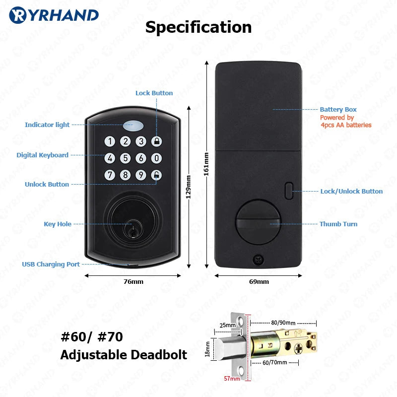 YRHAND Security Fechadura Eletronica Waterproof NFC card Biometric Deadbolt Keyless Auto Lock Without Handle Tuya Smart Lock Vue
