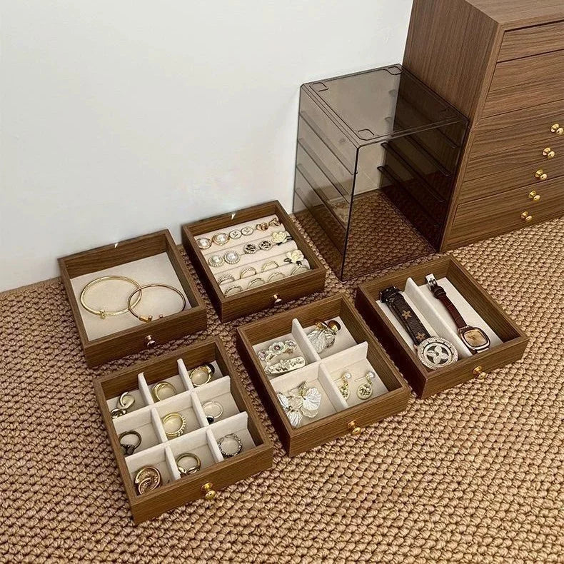 Multi-layer Wooden Jewelry Box Transparent Window Rings Necklace Jewelry Storage Case Organizer Bracelet Earrings Vue