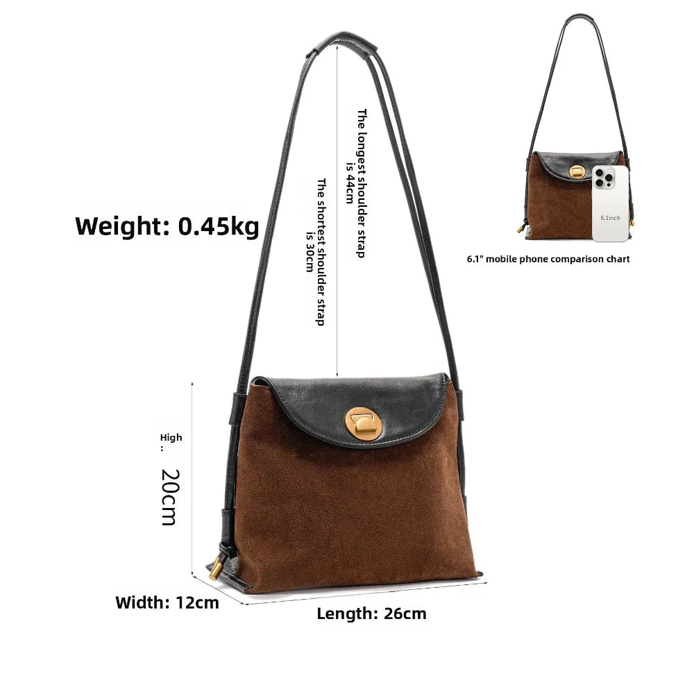 Genuine Leather Women's Crossbody Shoulder Bag Vegetable-Tanned Leather Spliced with Suede Fashion Versatile Handbag for Ladies Vue