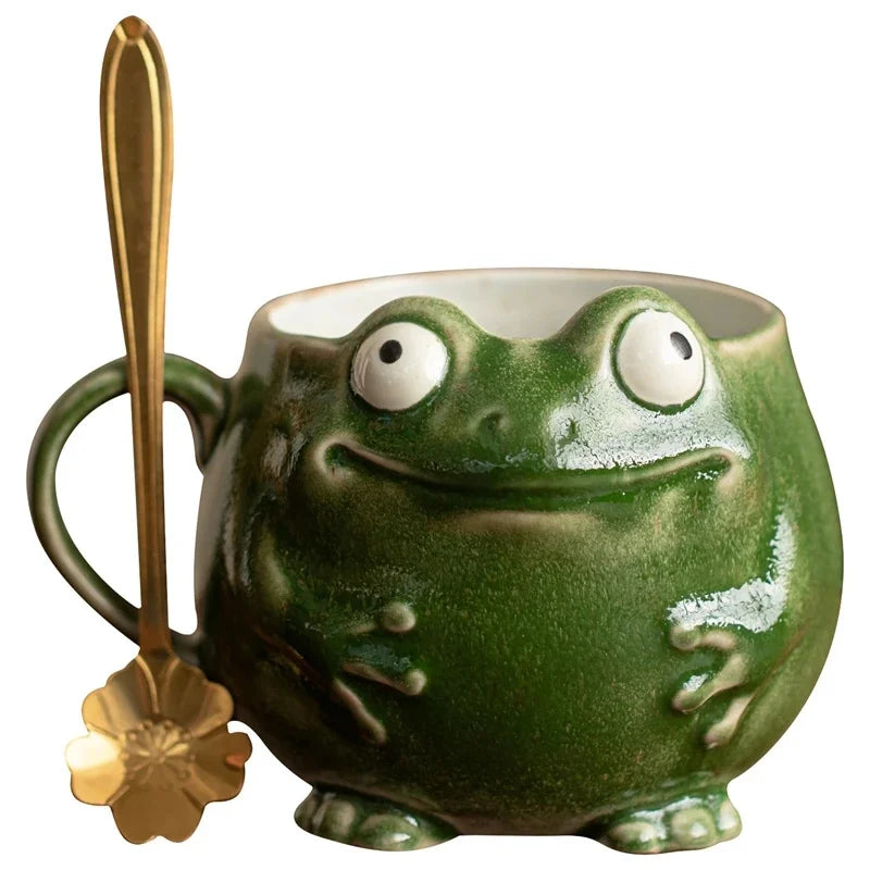 Frog Ceramic Coffee Mug With Spoon Cute Retro Personality Design Cup For Office Desk Home Table Decor Gift For Women Teens Vue