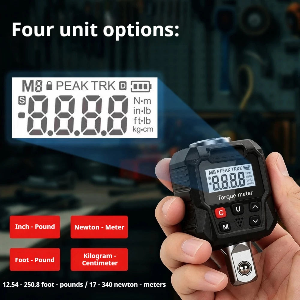 Digital Torque Meter 17-340Nm Electronic Torque Tester Adapter 4 Units Switch LED Buzzer Alarm for Auto Motorcycle Repair Tool Vue Default Title