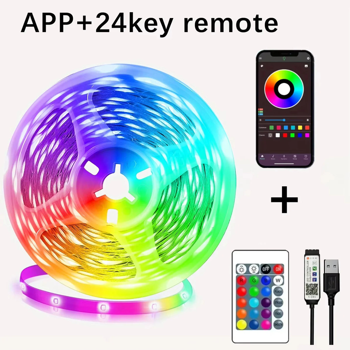 Smart LED Strip Lights with Adhesive Backing，RGB 16 Million Colors Strip Lamp with App/Remote，Adjustable Brightness，Music Sync Vue 24Key BT Control 10m