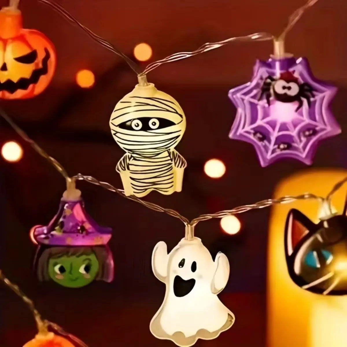 Halloween 1.5m/3m LED Battery Powered String Lights With Ghost Witch Cat Pumpkin Spider Web Skeleton Mummy Pirate Shape Indoor Vue