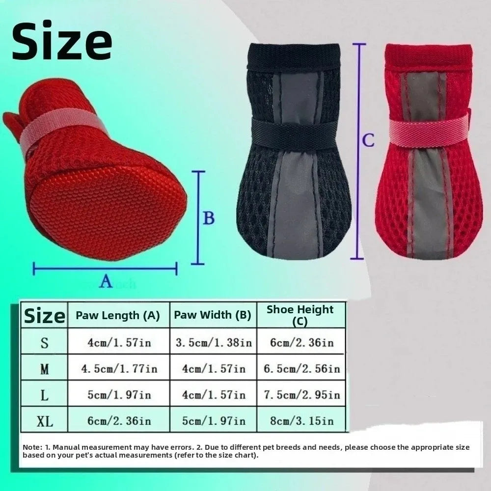 4PCS/SET Non-slip Mesh Dog Shoes Breathable Wear-resistant Pet Booties Reflective Stripe Hook-and-loop Strap Pet Paw Protector Vue