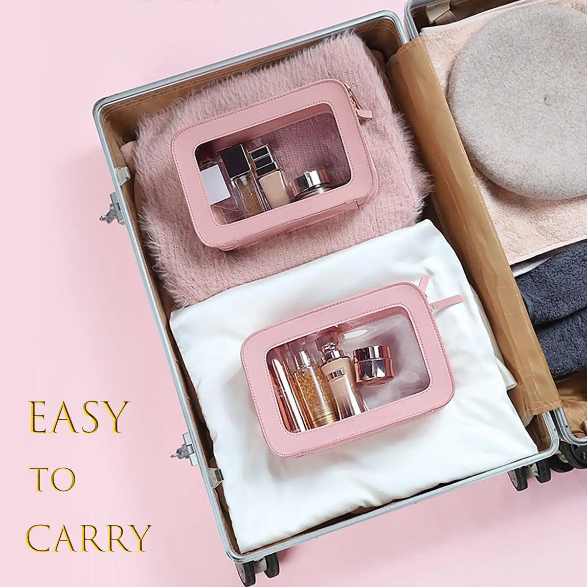 Clear and Waterproof Makeup Bag Portable Travel Cosmetic Case Organizer for Women Toiletry Pouch with Transparent Vinyl Windows Vue