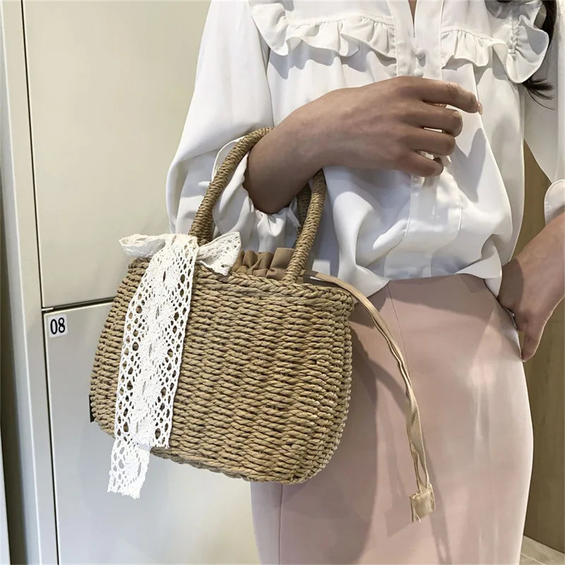Women Straw Woven Drawstring Handbag Girls Solid Holiday Purse