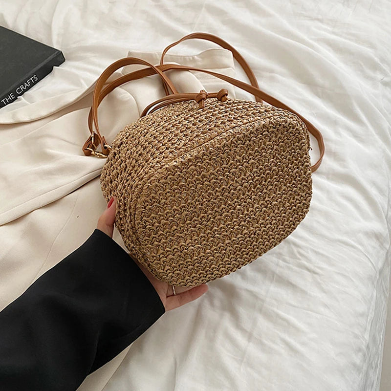 Woven Straw Bag Ladies Bucket Crossbody Summer Beach Retro Travel