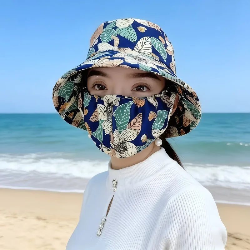 1-2PCS Women‘s Sun Hat with Face Mask Floral Leaf Pattern Wide Brim UV Protection for Outdoor Hiking Gardening Beach Vue