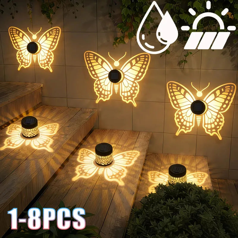 1-8PCS Solar Butterfly Wall Wrought Iron Hollow Projection Vintage Pattern Shadow for Outdoor Fence Balcony Landscape Lighting Vue