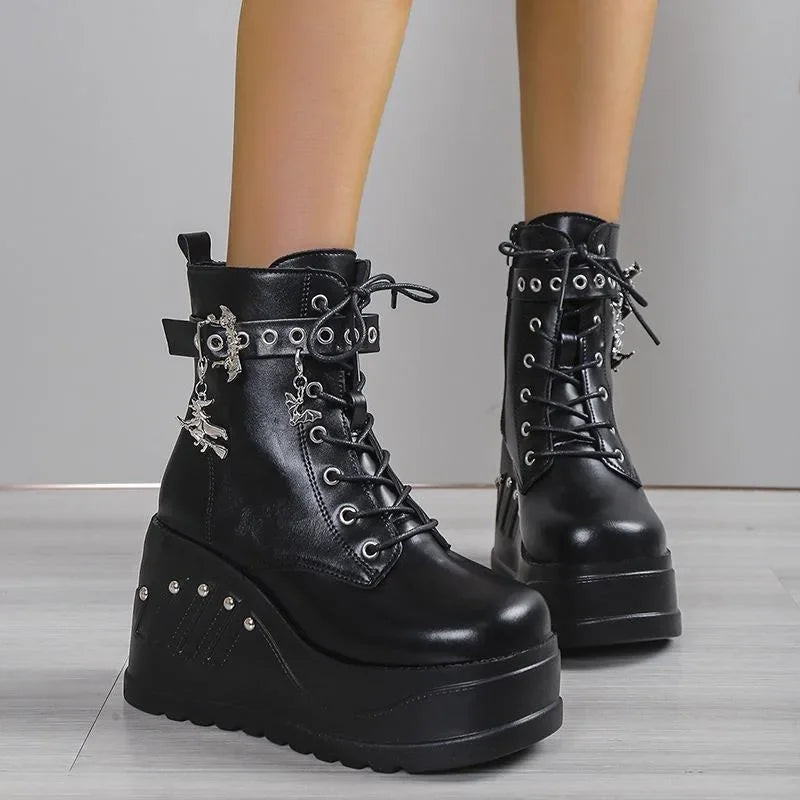 Women's Punk Goth Platform Wedge Boots | Zip & Lace-Up Platform Wedge Boots Vue