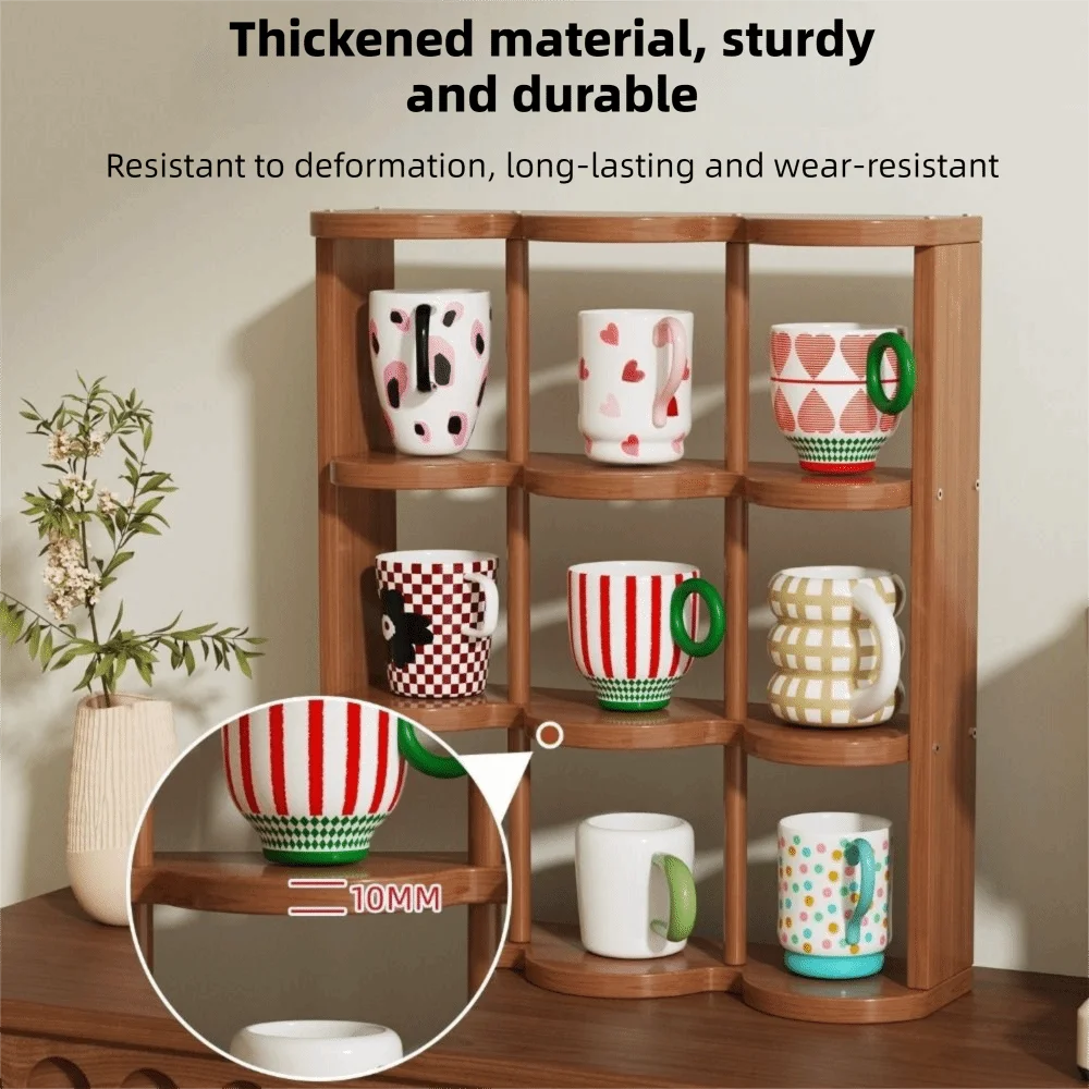 Large Capacity 9 Grids Cup Holder Decorative Space Saving Water Cup Display Rack Bamboo Multi-layer Cup Holder for Living Room Vue