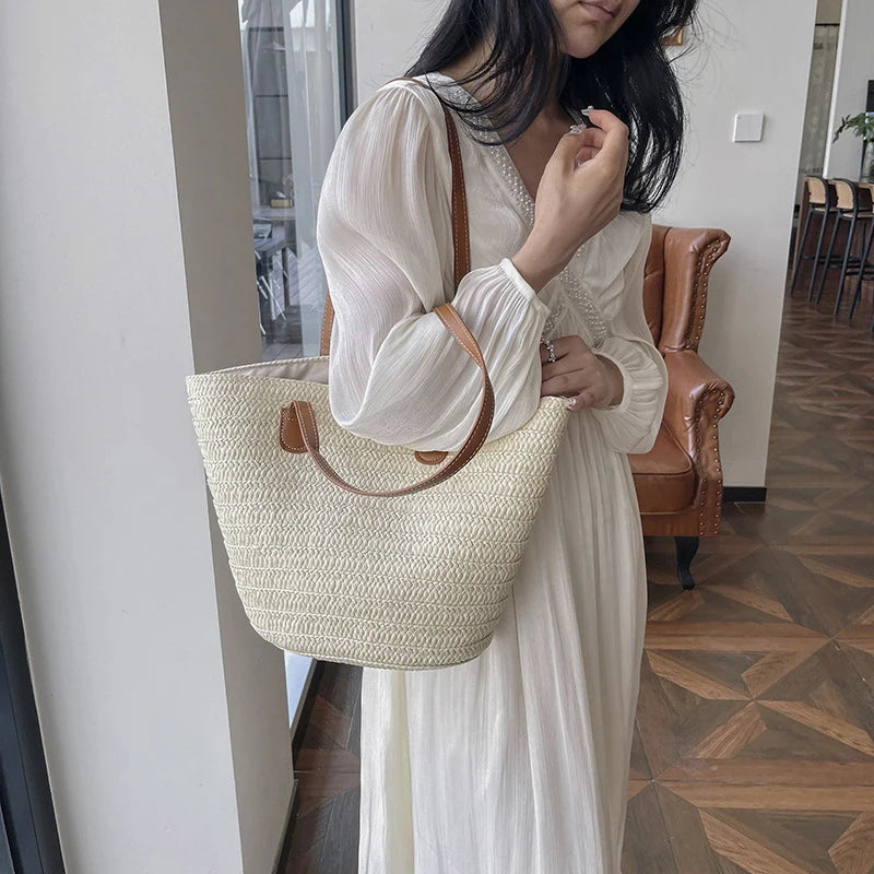 Women Braided Basket Clutches Top-handle Bag Large Straw Portable