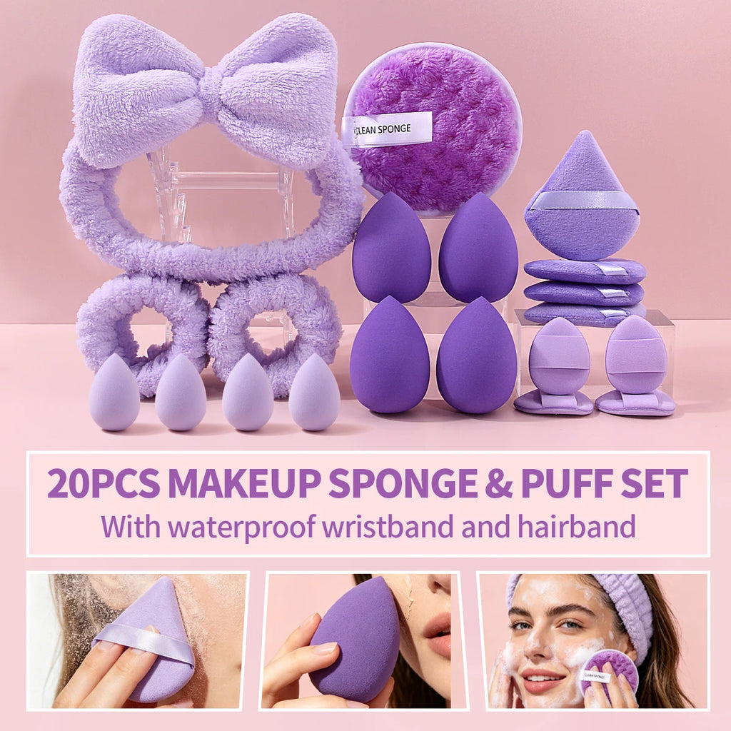 Headband Set. 1 Hair Band & 2 Wrist Bands & 4 Make‑Up Sponges & 8 Mini puff & 4 Triangular Powder Puff & 1 Makeup Remover Puff Vue PURPLE
