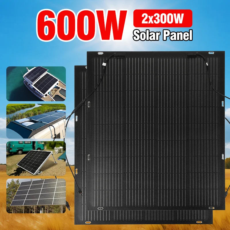 Outdoor 18V Solar Panel Kit High Efficiency Monocrystalline Solar Power 300W 600W Flexible Solar Panels 12V 24V Battery Charger Vue