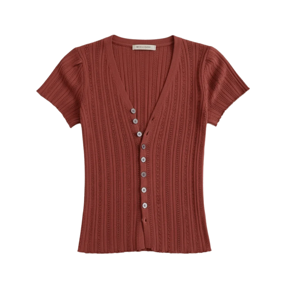 Fashion Solid Ice Silk Knitted Cardigan V-neck Hollow Short Sleeves Vue
