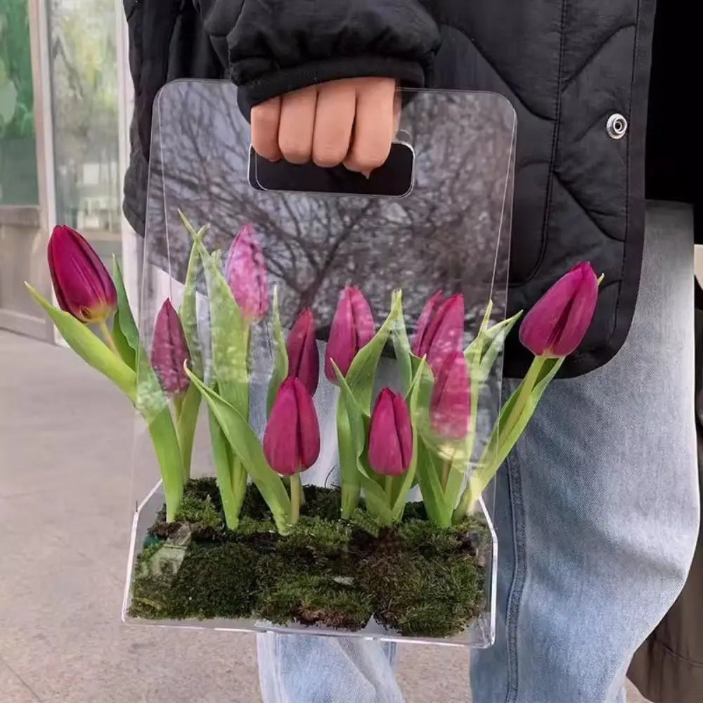 Transparent Acrylic Flower Box Reusable Hand Bag Bouquet Wrapping Bag Portable Packing Material Flower Bag Wedding Party Vue
