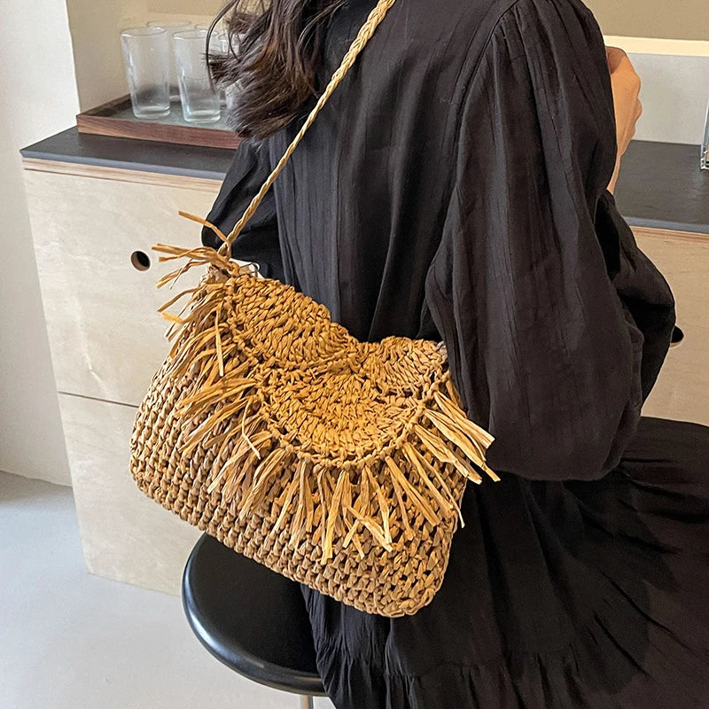 Summer Beach Women Tassels Straw Rattan Weave Shoulder Crossbody Bag