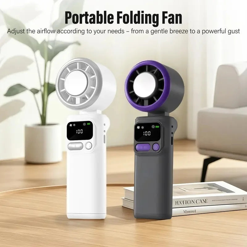 USB Rechargeable Foldable Fan, Portable Ice Cooling Handheld Fan 3600mAh, 90° Adjustable, 5 Speed Wind, 3 IN 1 Hand Fans Vue