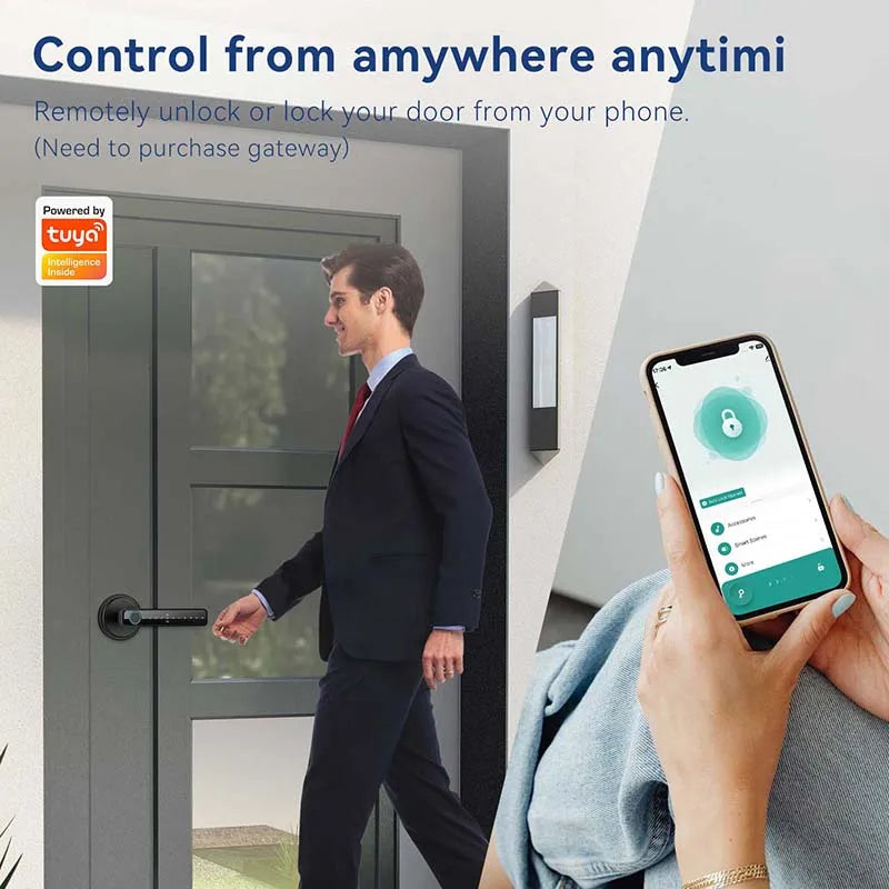 Tuya Handle Fingerprint Key Card Digital Smart Door Lock Keypad Key Entry Electronic Lock Home House 9 Languages Audio Playback Vue