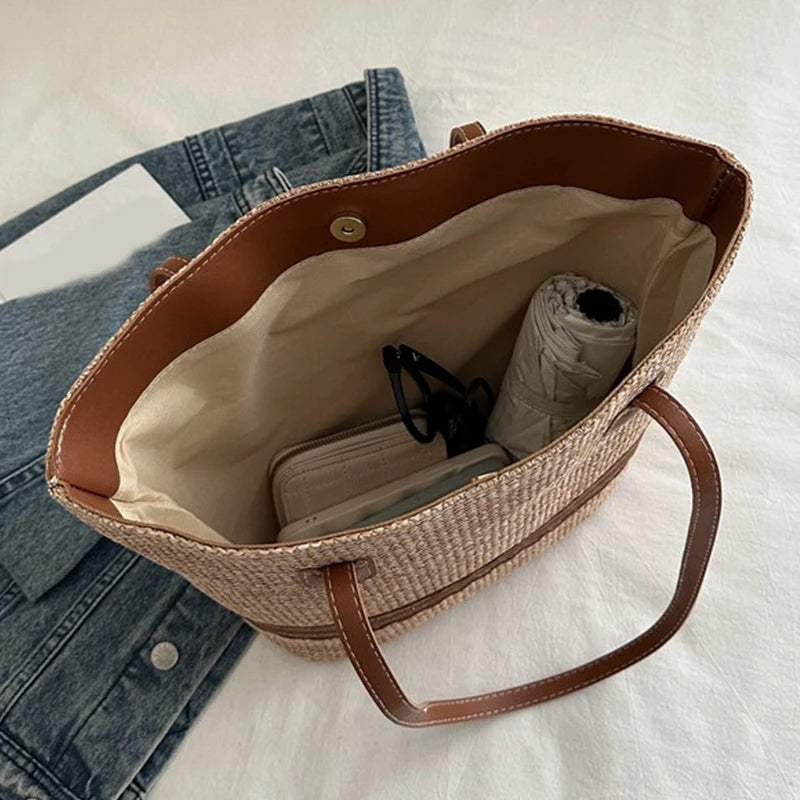Women's Large Capacity Shoulder Bag Summer Straw Woven Basket Handbag