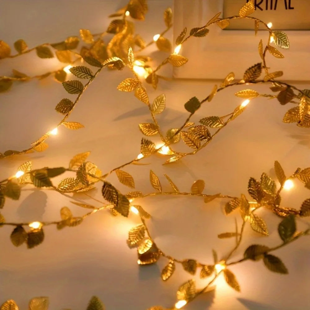 1PC 20/50LED Golden Leaf Garland Fairy Lights, Battery Operated, Elegant Decoration for Home,Christmas,Thanksgiving,Table, Party Vue