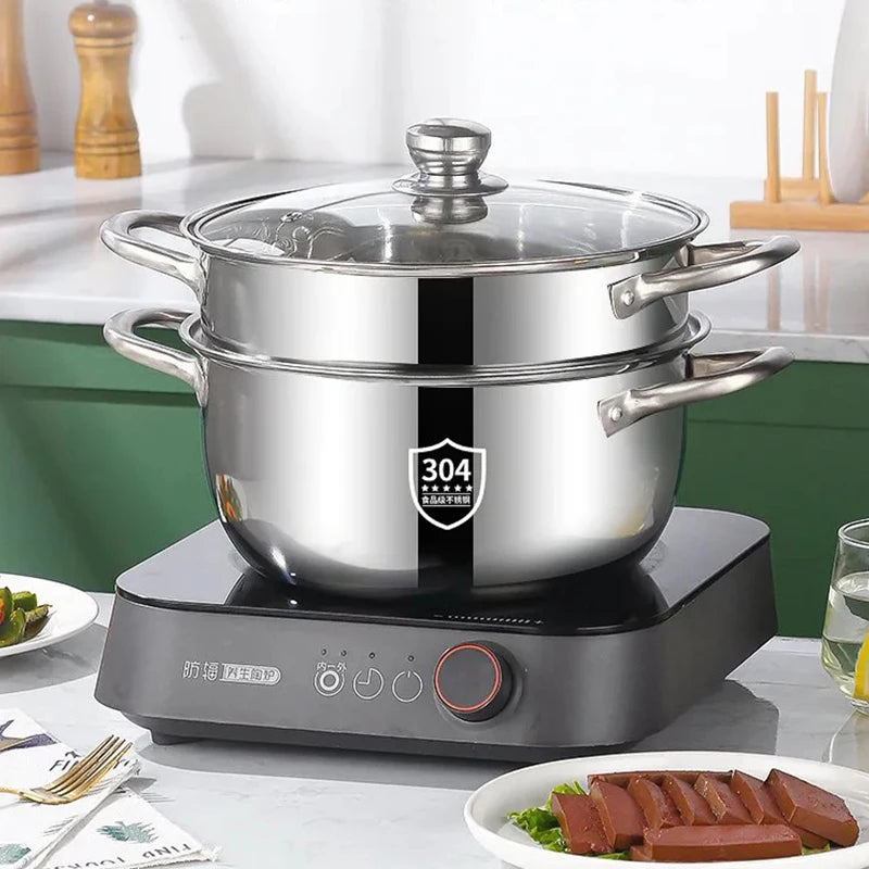 Stainless Casserole Cookware Double Handle Soup Pot Glass Cover