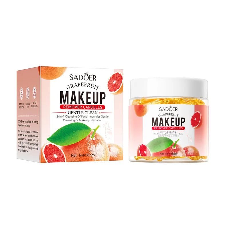 35Pcs Grapefruit Makeup Remover Capsules, Containing Grapefruit Extract, Mineral Oil, Glycerin and Other Skin-Friendly Ingredients, Are Compact and Portable, Gentle and Non-Irritating, Easily Remove Heavy Makeup and Cleanse t Vue 1Box35Pcs