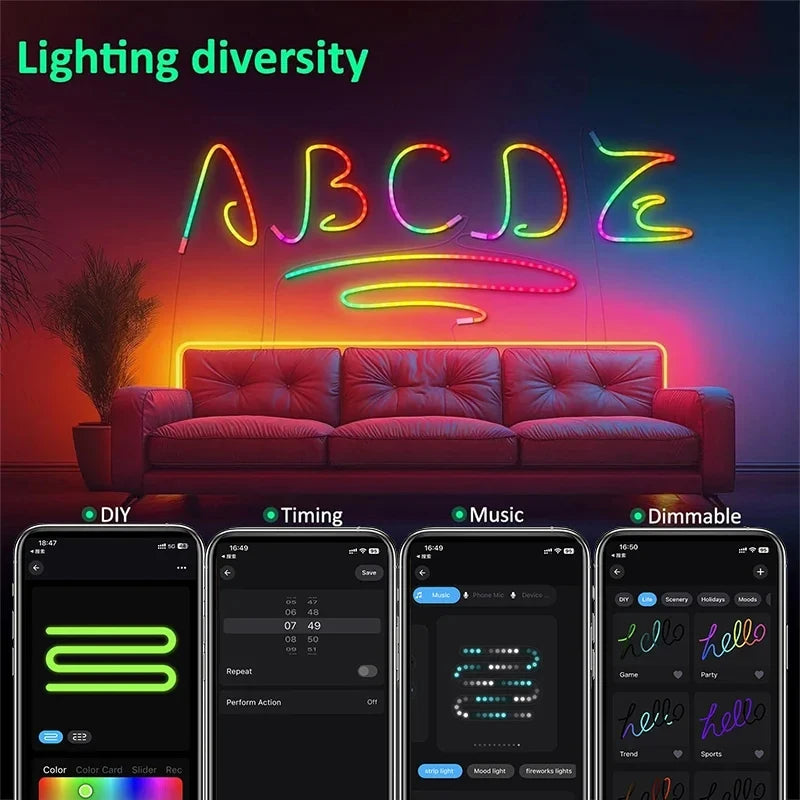 5V USB RGBIC Neon LED Strip Lights with Bluetooth APP Control Music Sync Waterproof Flexible Tape for Gaming Room Party Decor Vue