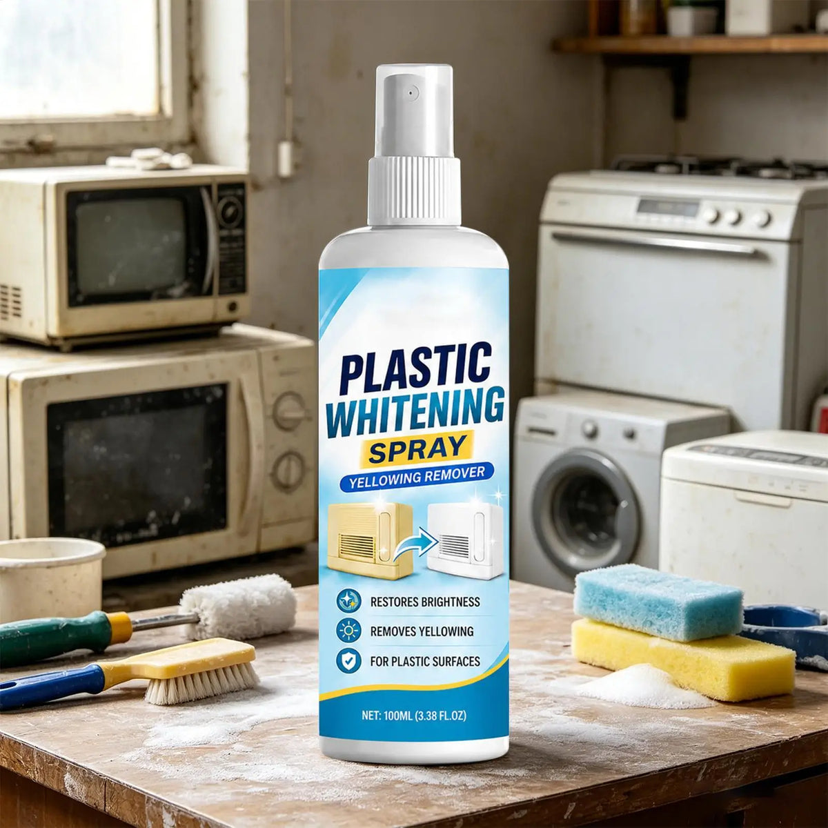 100ml Yellowing Restorer Spray, Multi-Purpose Plastic Brightener for AC, Washing Machine, Car Interior, Home Appliances Vue