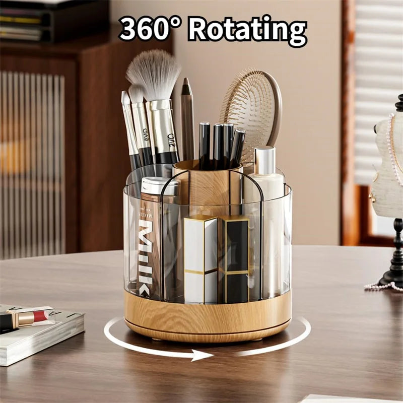 Makeup Brush Holder 360° Rotating 6 Slot Multi-Compartment Storage Acrylic Large Capacity Makeup Brushes Case With Wooden Base Vue