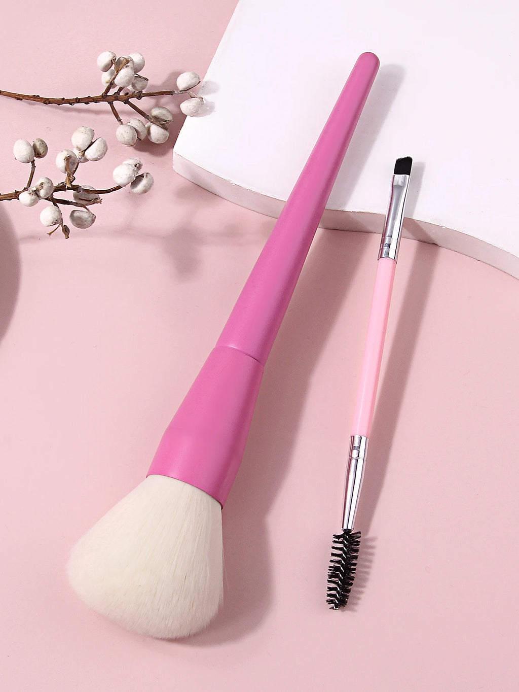 2Pcs Pink Makeup Brush Kit, Loose Powder Blush Brush & Double Ended Eyebrow Brush, Soft Cosmetic Brushes for Face & Eye Makeup Vue