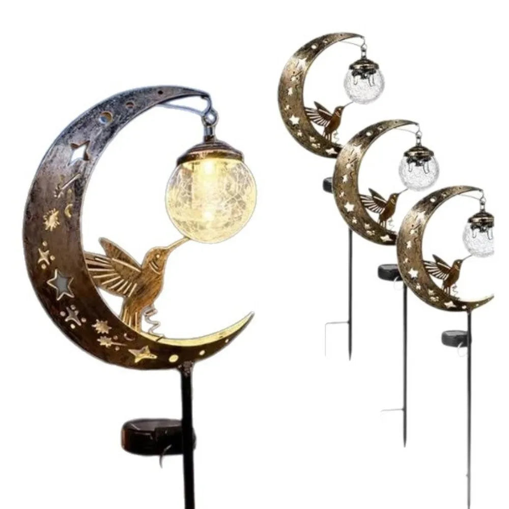 Waterproof Solar Garden Stake Light Solar Powered Half-Moon Design Hummingbird Moon Light Creative Floor Insertion Lawn Lamp Vue