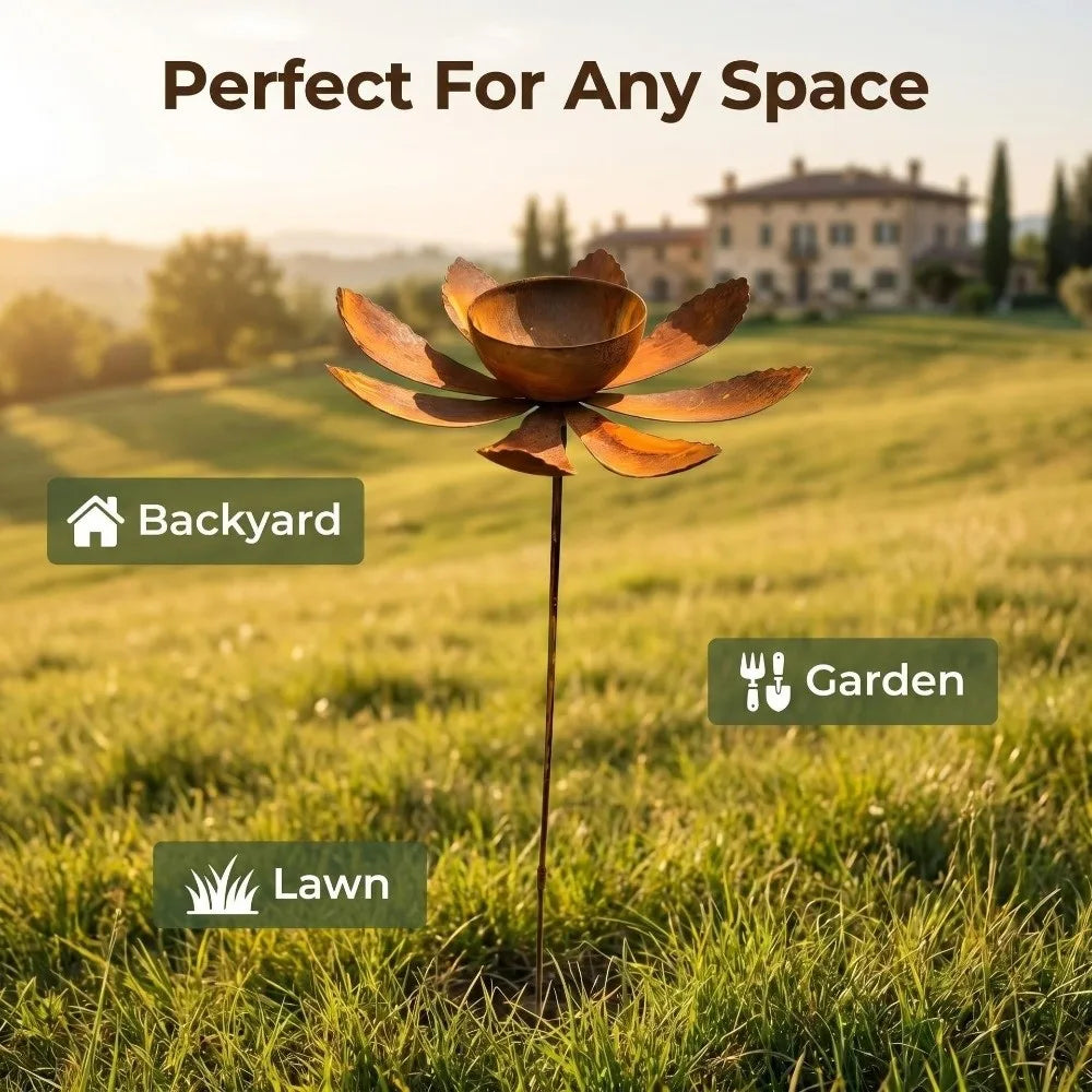 Flower Shape Metal Garden Birdbath Iron Art Rusty Bird Water Dispenser Handmade Ground Insert Bird Feeder Standing Vue