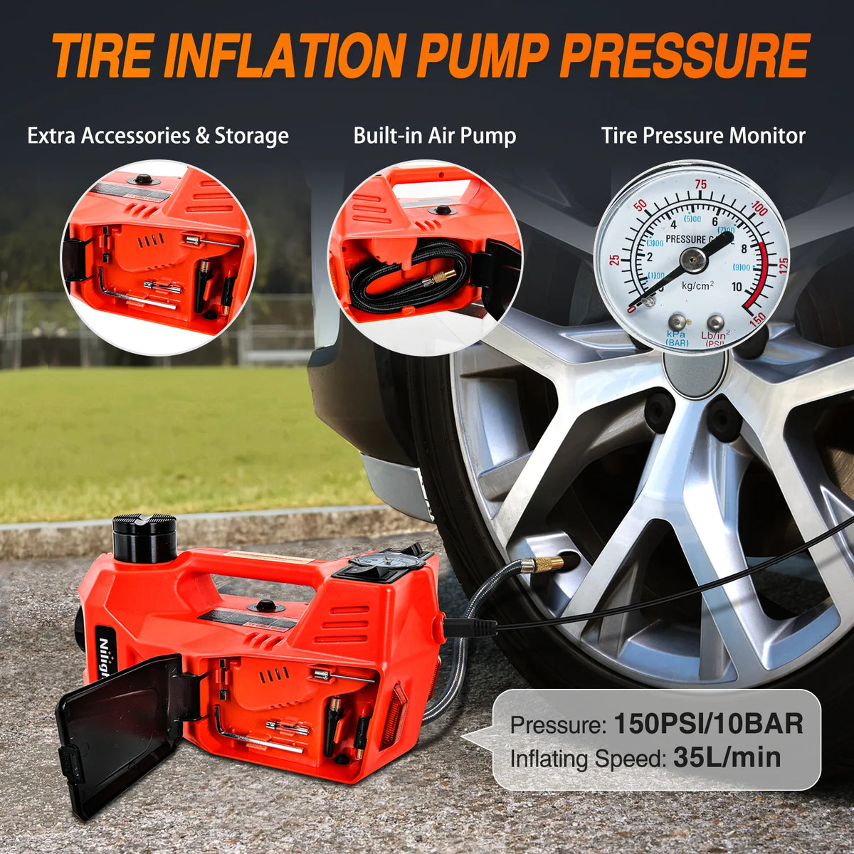 Electric Car Jack 5 Ton 12V Hydraulic with Inflatable Pump LED Light 3 in 1 Portable Floor Jack for Tire Change Vue