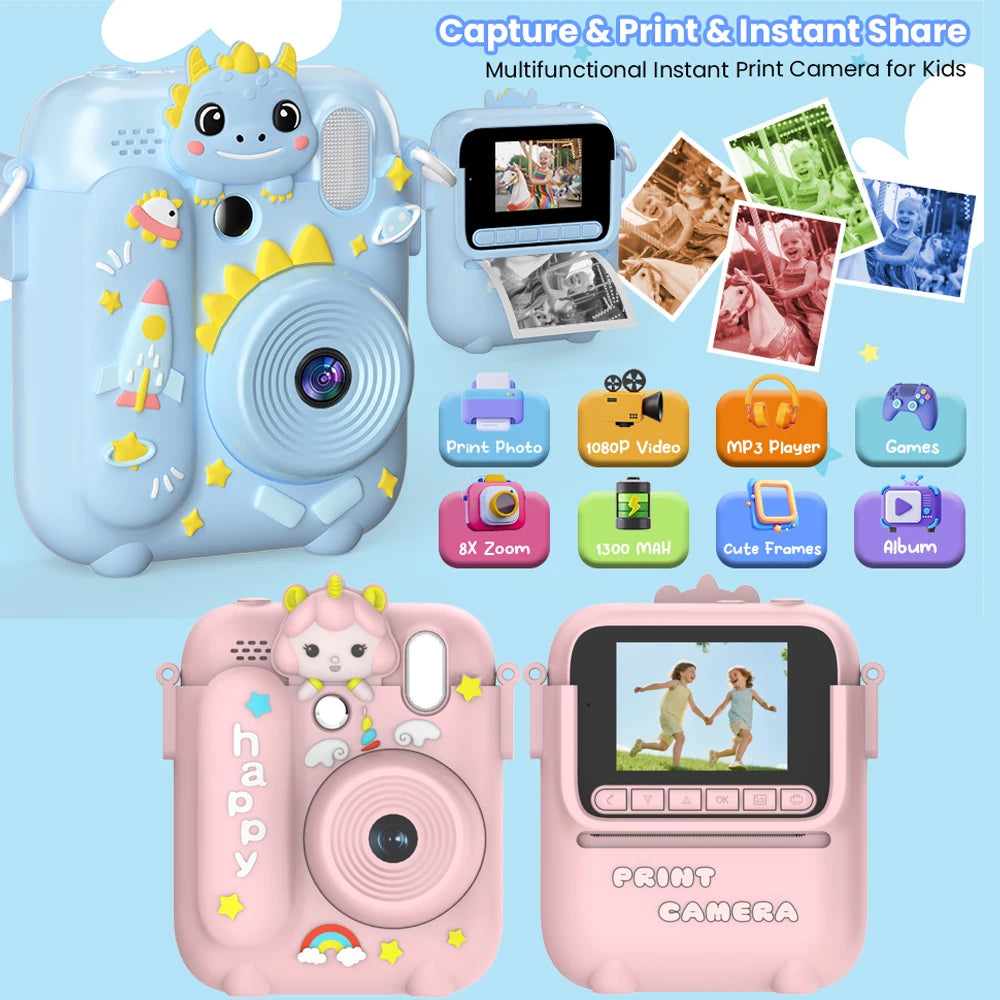 Instant Print Camera Kids 1080P Children Digital Camera Color Printing Selfie Camera with Silicone Cover Christmas Birthday Gift Vue