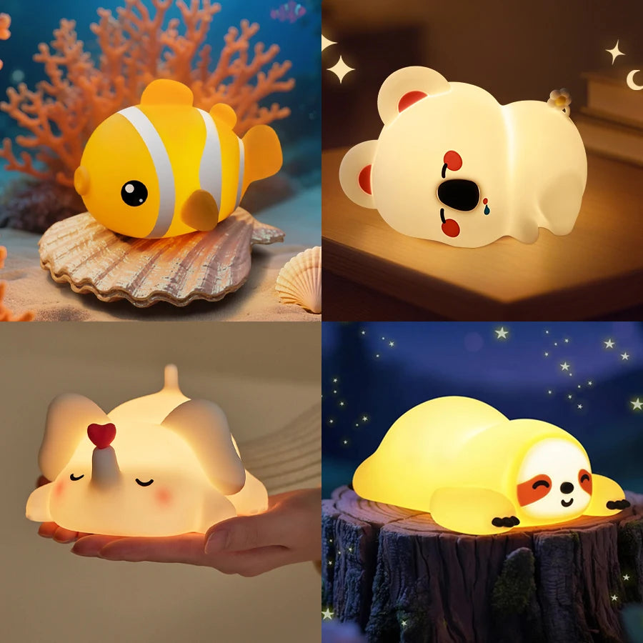 Cute Animal Led Night Light Bedroom Bedside Table Lamp for Nursery Toddler Kids Toy Birthday Gifs Silicone Rechargeable Portable Vue