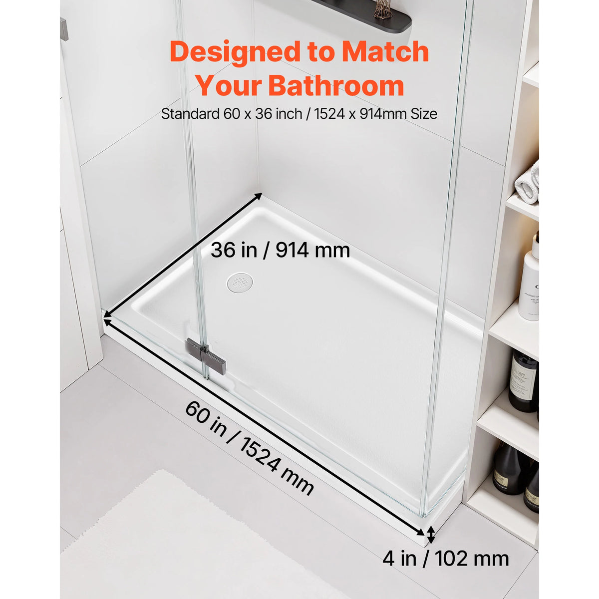 60"x36" Acrylic Shower Base Left Drain | Single Threshold White Acrylic Shower Base Vue