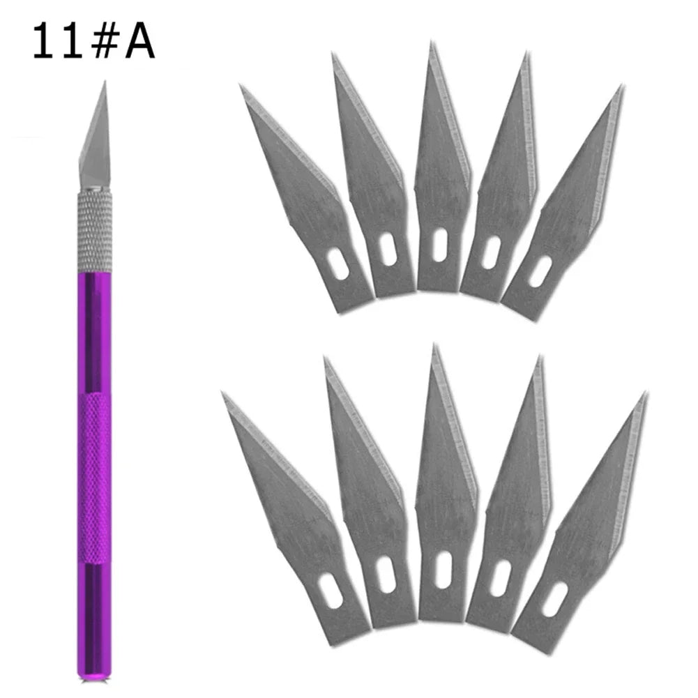 vvocci Non-Slip Engraving 10pcs Metal Knife Kit + 40 Blades Cutter Craft Knives #11 for Mobile Phone PCB Repair Hand Tools Vue M264 1set-Purple