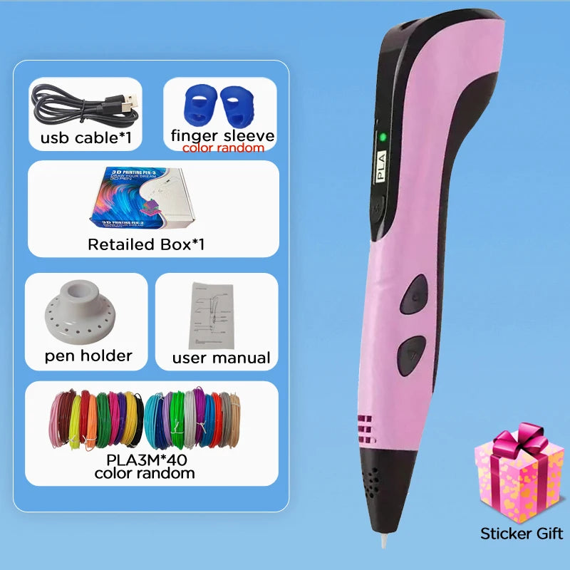 3D Pen Kids PLA Filaments 3D Priting Pen Children DIY Drawing Pens Type C Port Boys Girls Christmas Birthday Gifts Vue with 120M PLA EU version