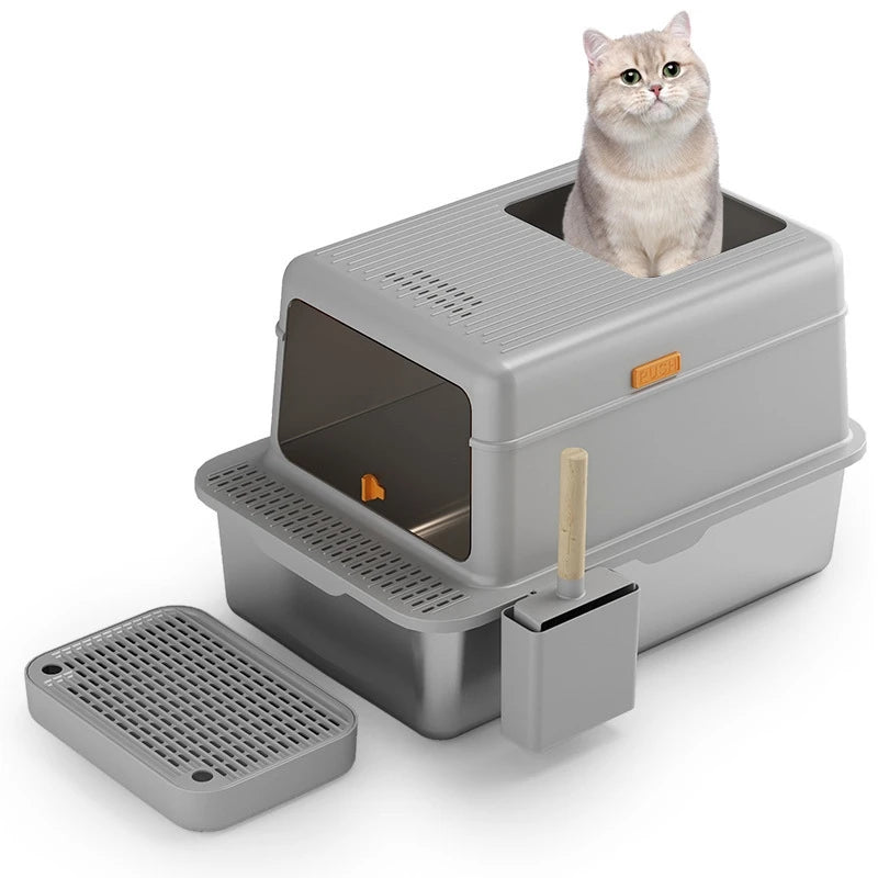Large Covered Stainless Steel Cat Litter Box Easy To Clean Anti Splash With Scoop For Apt Owners And Indoor Pets Hygienic Gift Vue