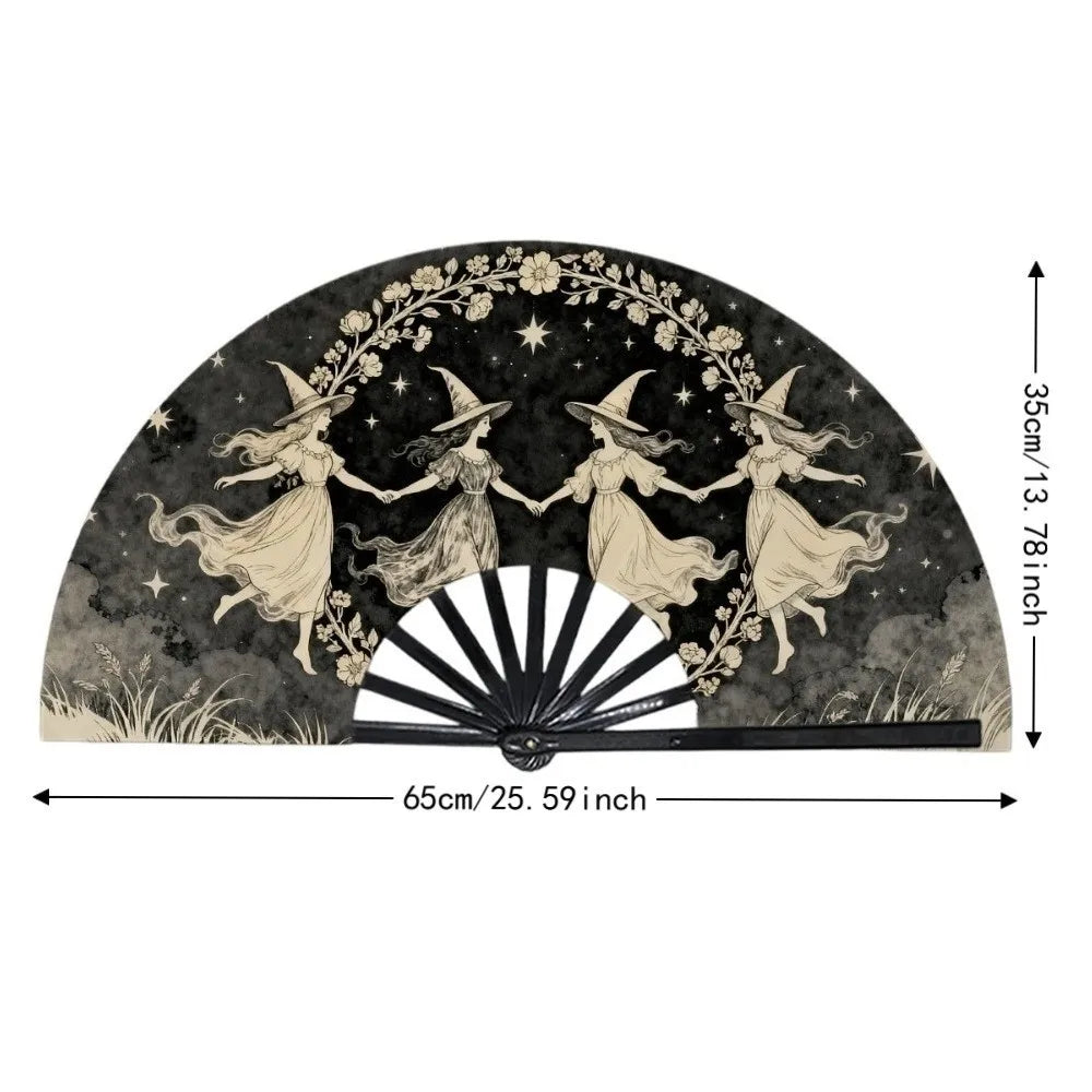Handmade 33cm 13in Large Hand Fan Handheld Witch Kung Fu Fan Portable Black Folding Hand Fan Party Vue