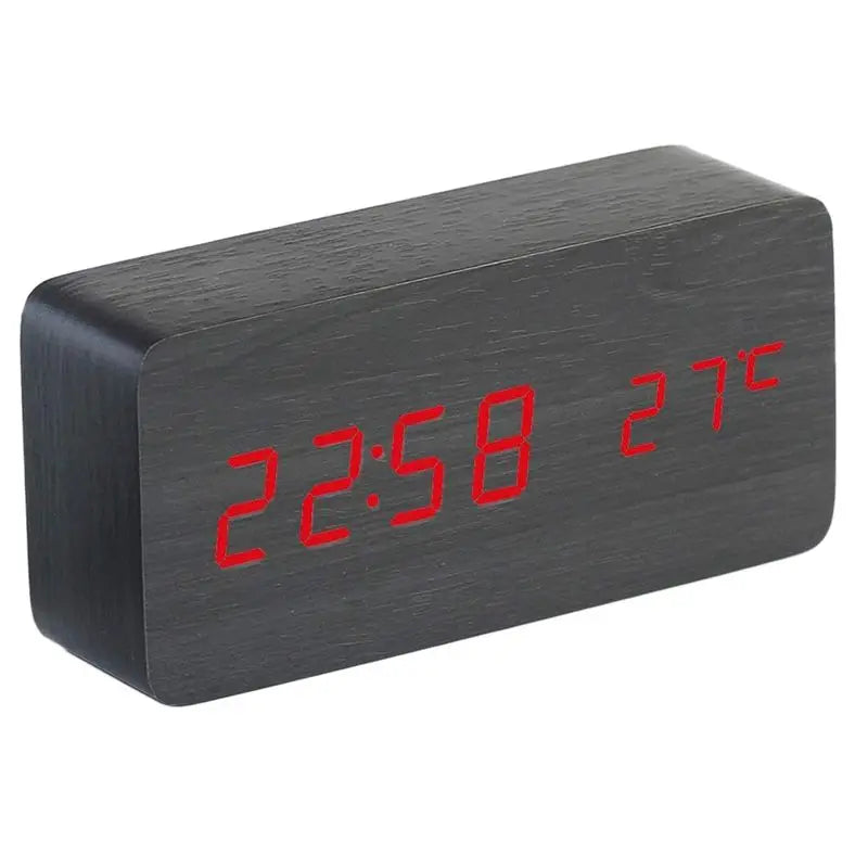 ABKW-Wooden Square Desk Clock LED Digital Display Alarm Clock Temperature Display Clock For Bedroom Decoration Clock Vue Black