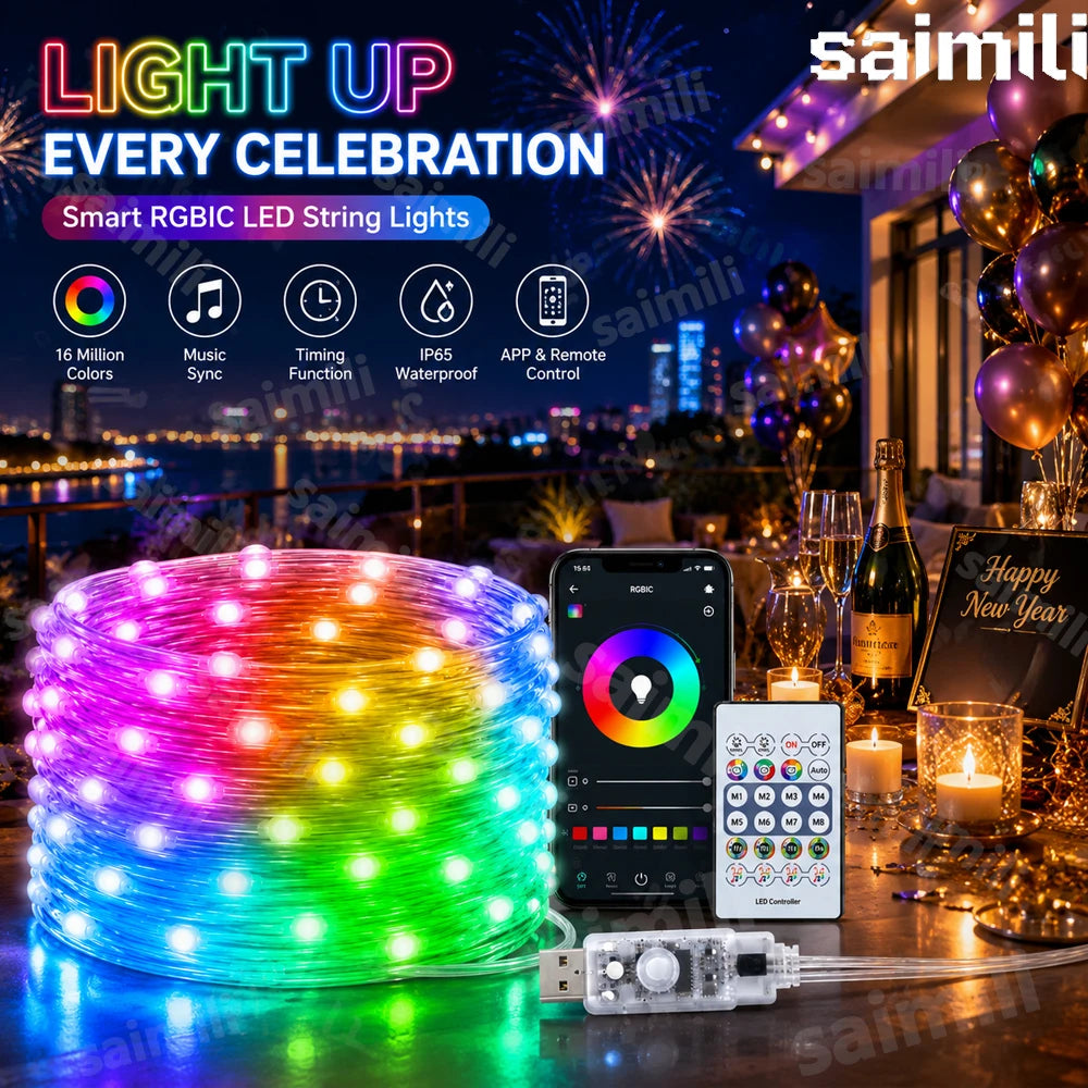 USB RGBIC LED Fairy Lights WS2812B Bluetooth Smart Control Dream Color Music Sync Waterproof Garland Holiday Wedding Decor Lamp Vue