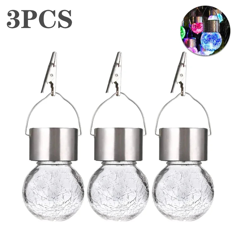 1/3/5PCS Solar Powered Outdoor Hanging Lights Colorful LED Cracked Glass Ball Design Waterproof Pathway Lantern for Garden Decor Vue Multicolor-3PCS
