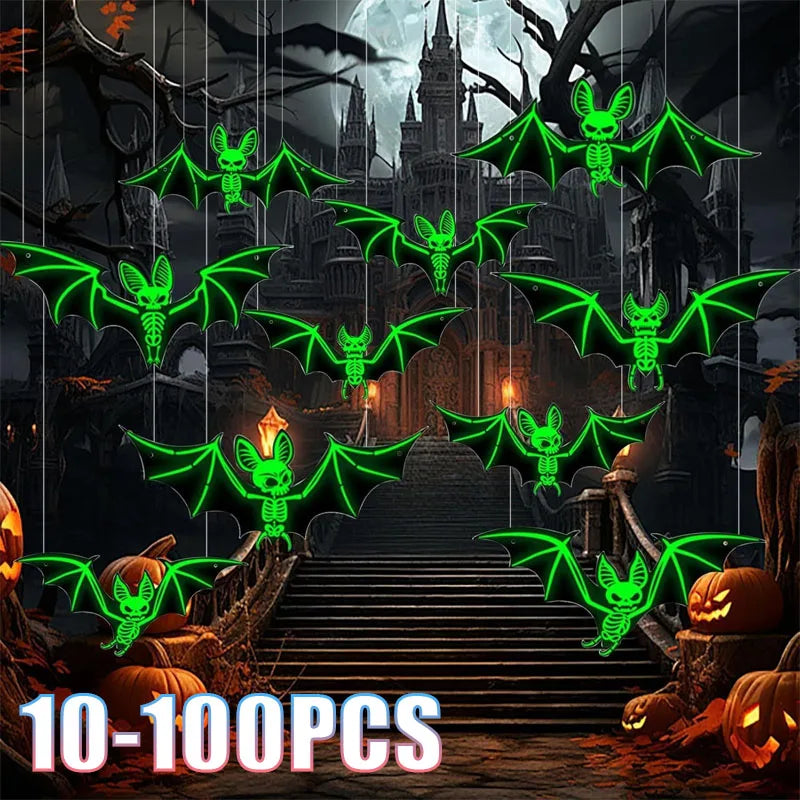 10-100PCS 3D Glow in Dark Hanging Bats Decorations Realistic Flying Bats for Haunted House Party Outdoor Wall Yard Halloween Vue